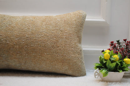 Handmade Kilim Lumbar Pillow Cover: Upcycled Wool, Beige 12x24 inch