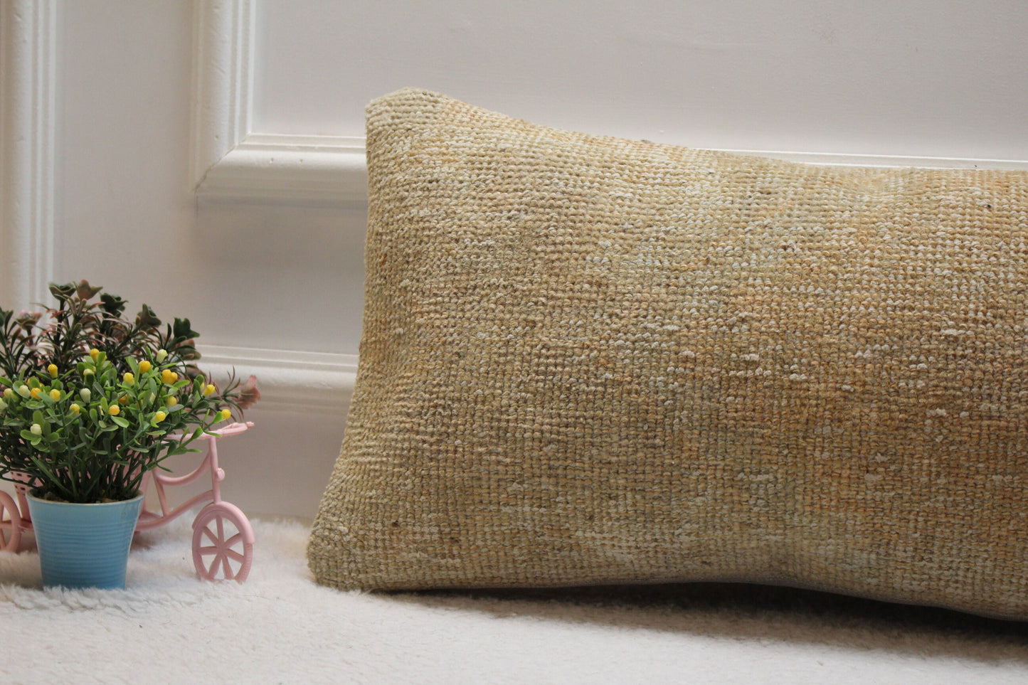 Handmade Kilim Lumbar Pillow Cover: Upcycled Wool, Beige 12x24 inch