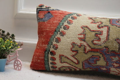 Floral Turkish Rug Lumbar Pillow Cover: Hand-Knotted Wool (12x24 in)