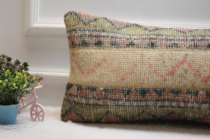 Handmade Kilim Pillow Cover: Upcycled Woven Rug, Brown & Beige (12x24 in)