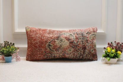 Handmade Red Kilim Pillow Cover: Upcycled Wool Lumbar Pillow (12x24 in)