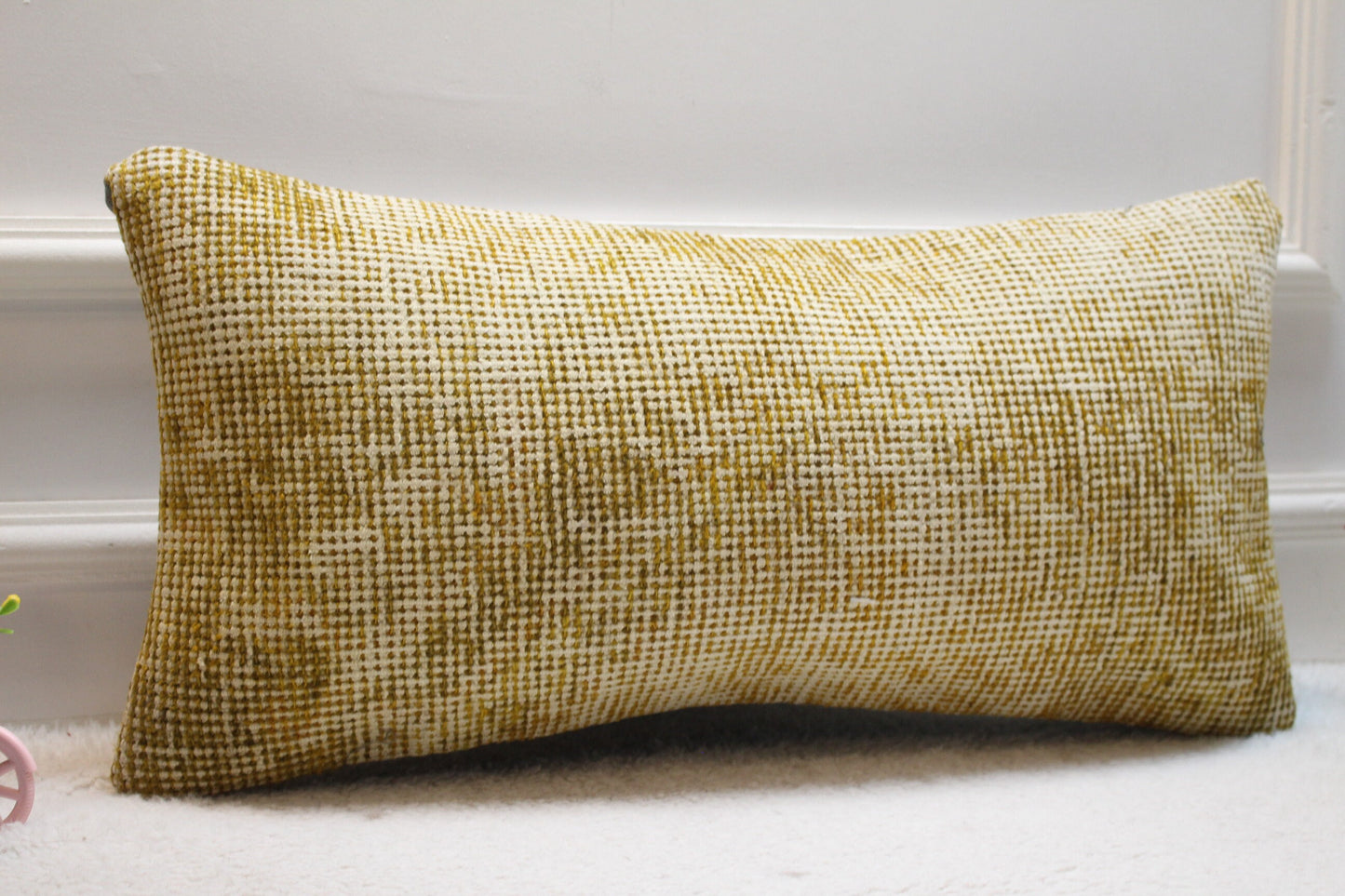 Handmade Beige Kilim Lumbar Pillow Cover: Upcycled Woven Wool (12x24 in)