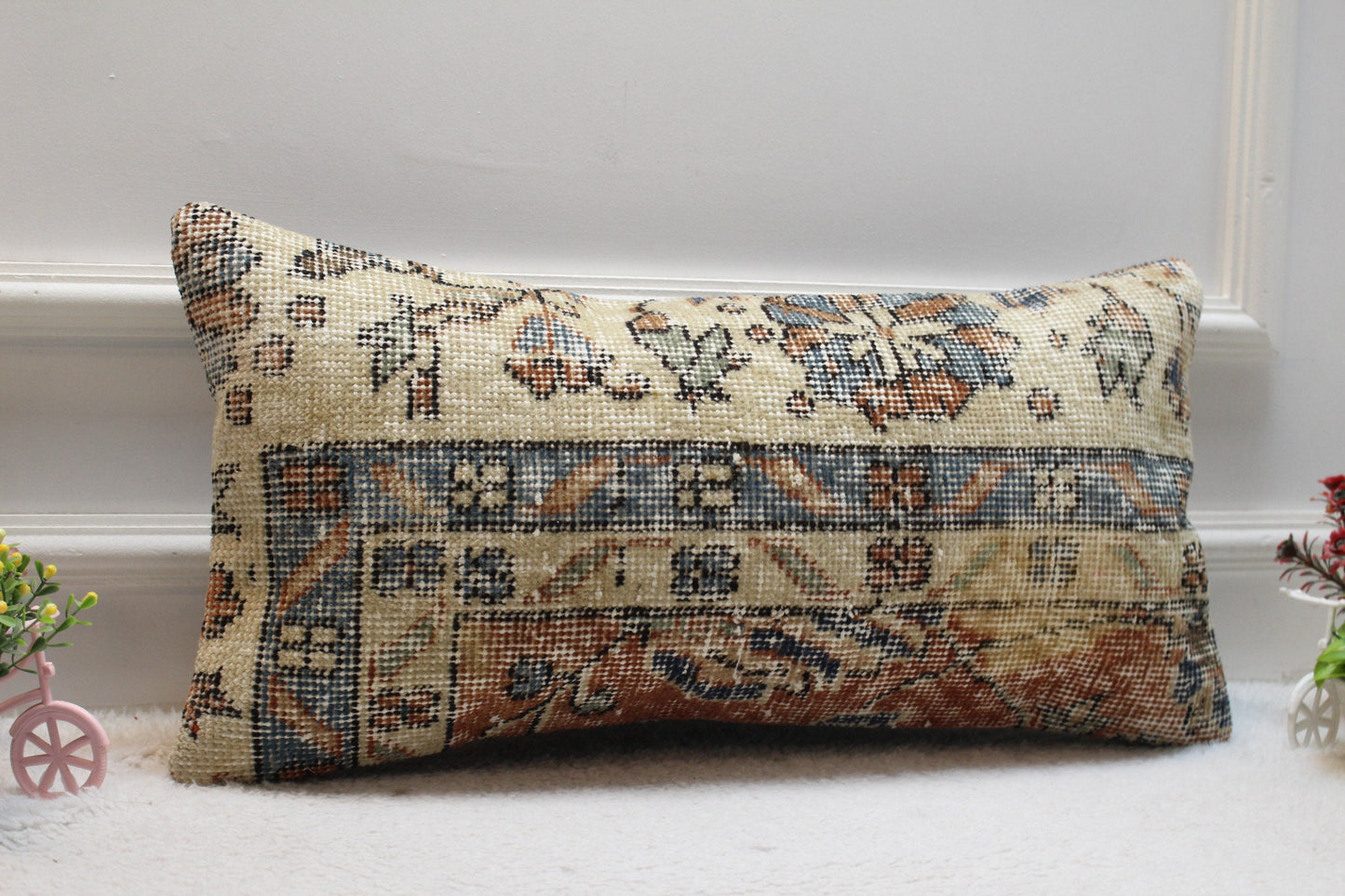 Handmade Kilim Lumbar Pillow Cover: Beige Wool Rug Pillow (12x24 inc)