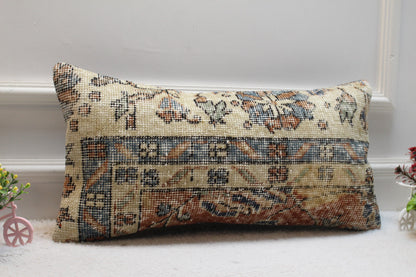 Handmade Kilim Lumbar Pillow Cover: Beige Wool Rug Pillow (12x24 inc)