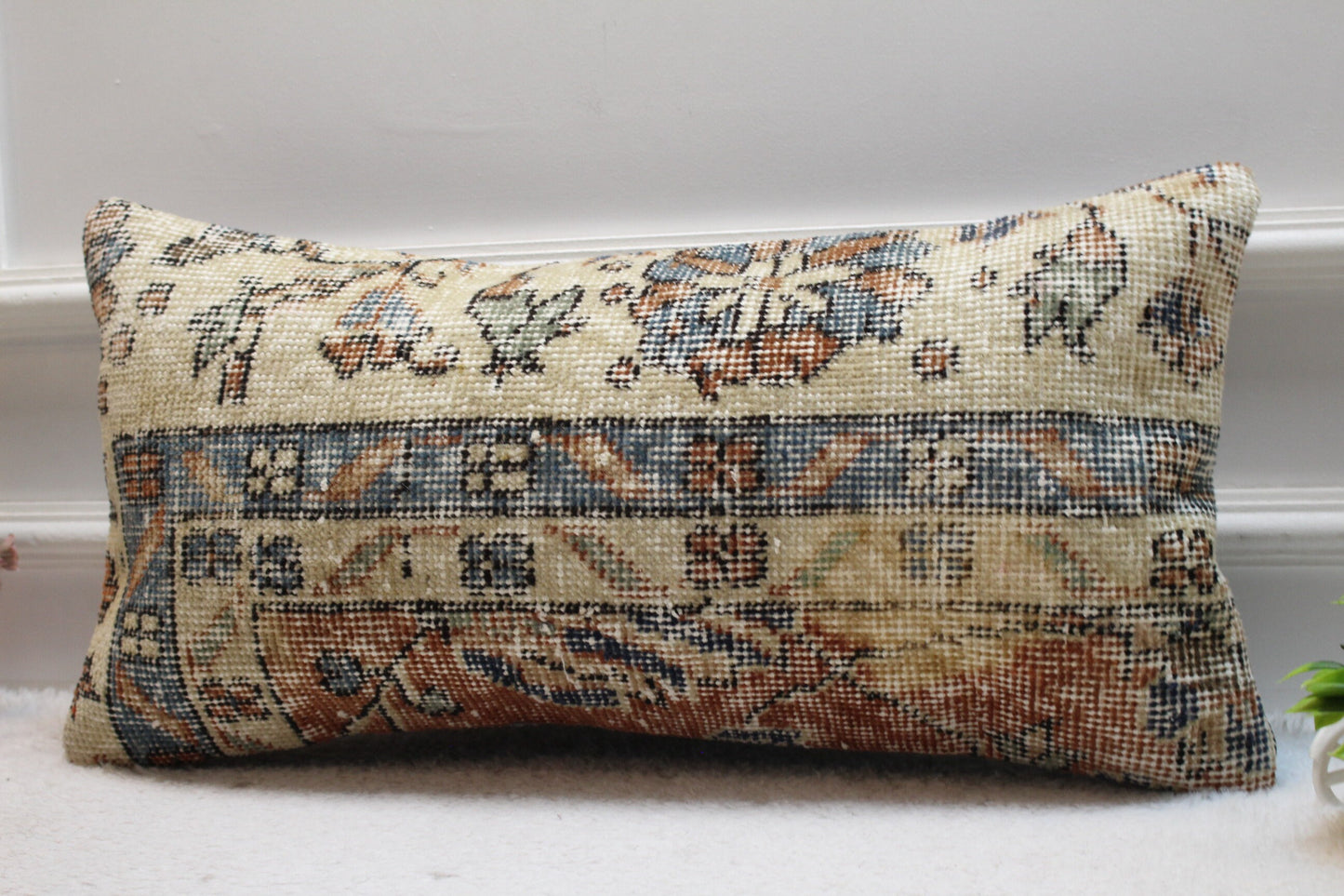 Handmade Kilim Lumbar Pillow Cover: Beige Wool Rug Pillow (12x24 inc)