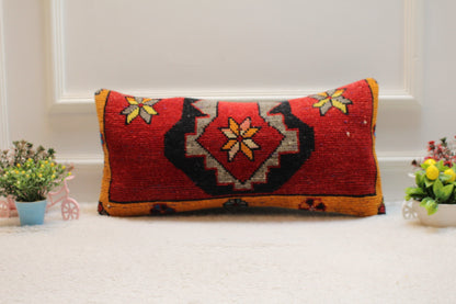 Handmade Red Kilim Lumbar Pillow Cover: Upcycled Wool (12x24 in)