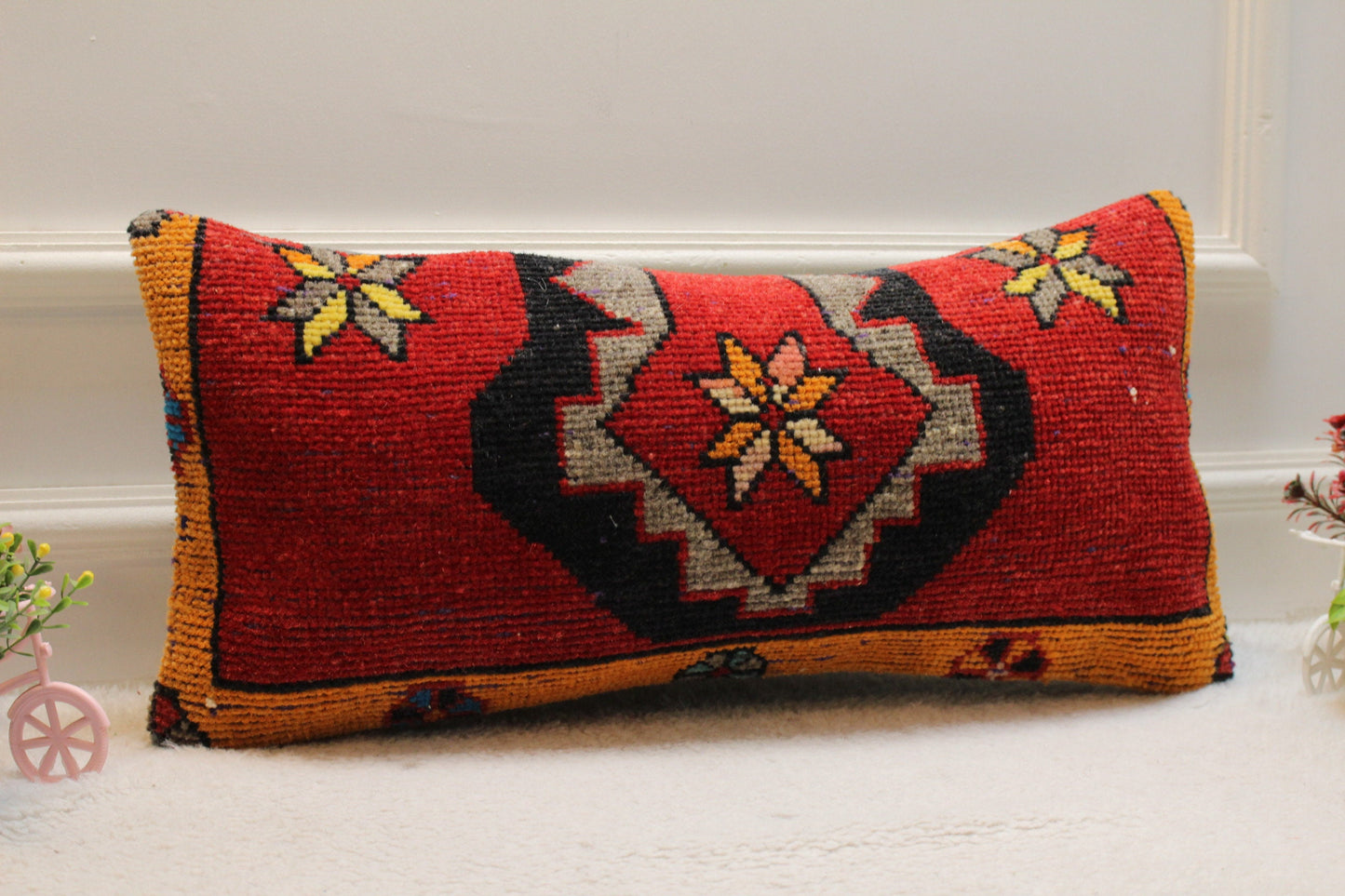 Handmade Red Kilim Lumbar Pillow Cover: Upcycled Wool (12x24 in)