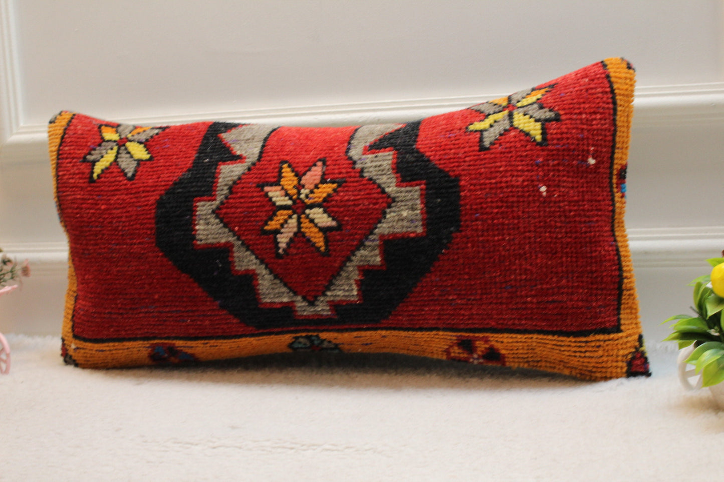 Handmade Red Kilim Lumbar Pillow Cover: Upcycled Wool (12x24 in)