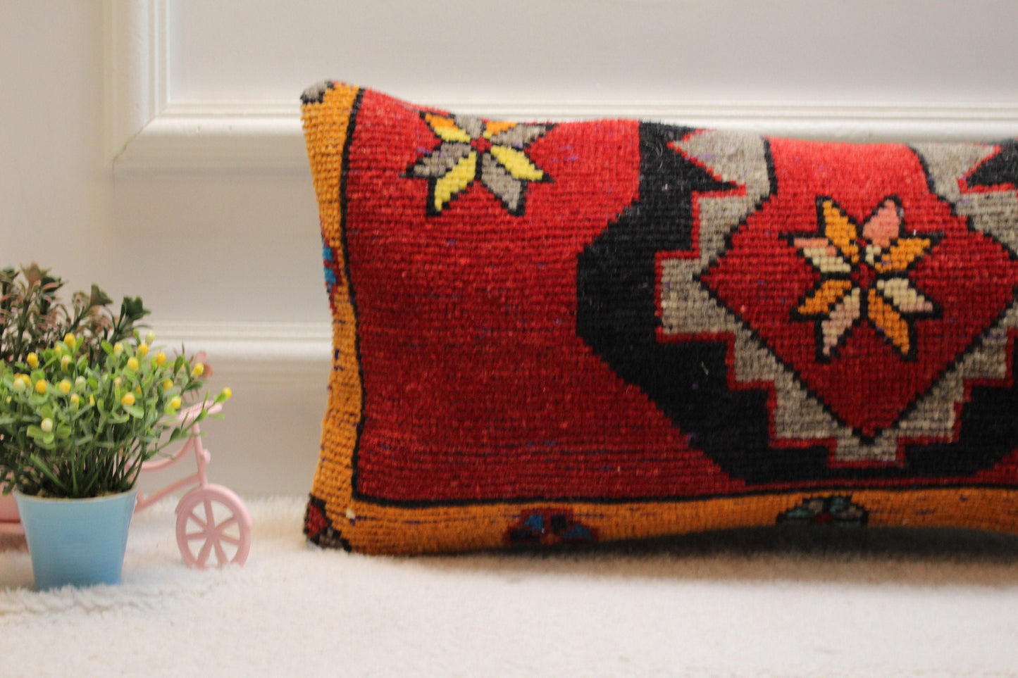 Handmade Red Kilim Lumbar Pillow Cover: Upcycled Wool (12x24 in)