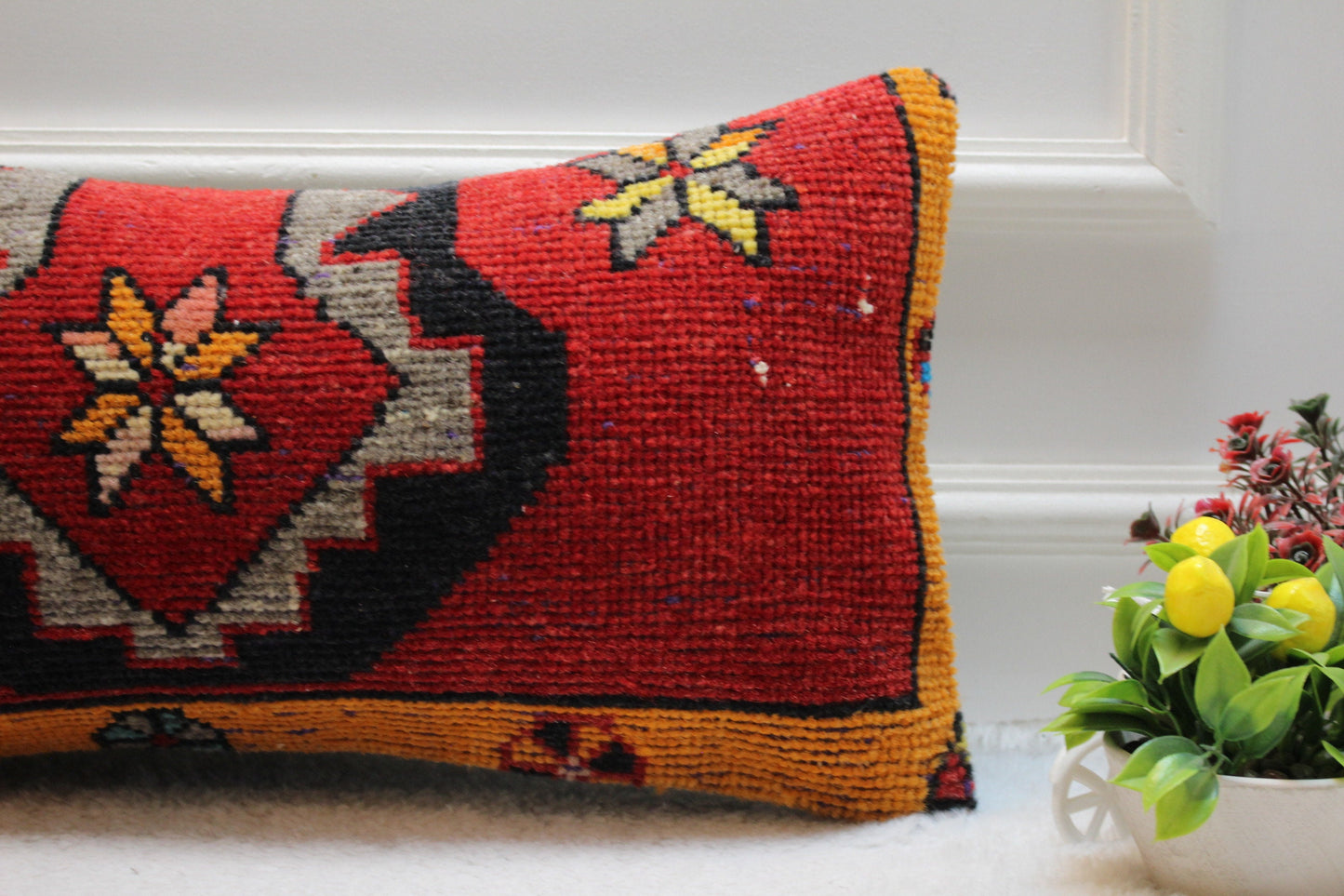 Handmade Red Kilim Lumbar Pillow Cover: Upcycled Wool (12x24 in)