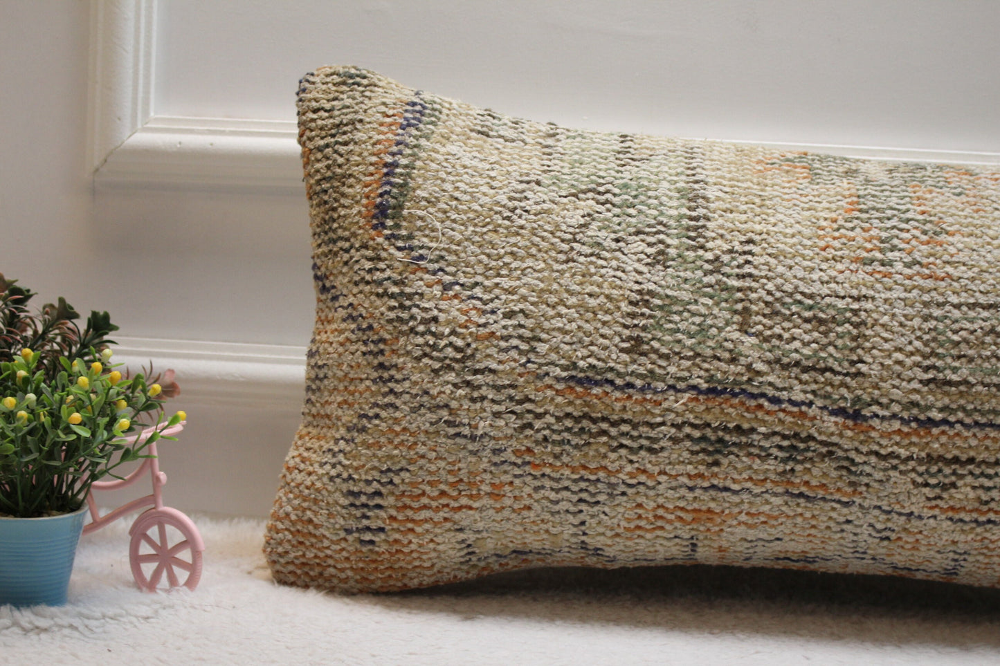 Handmade Kilim Lumbar Pillow Cover: Upcycled Woven Wool, Beige 12x24
