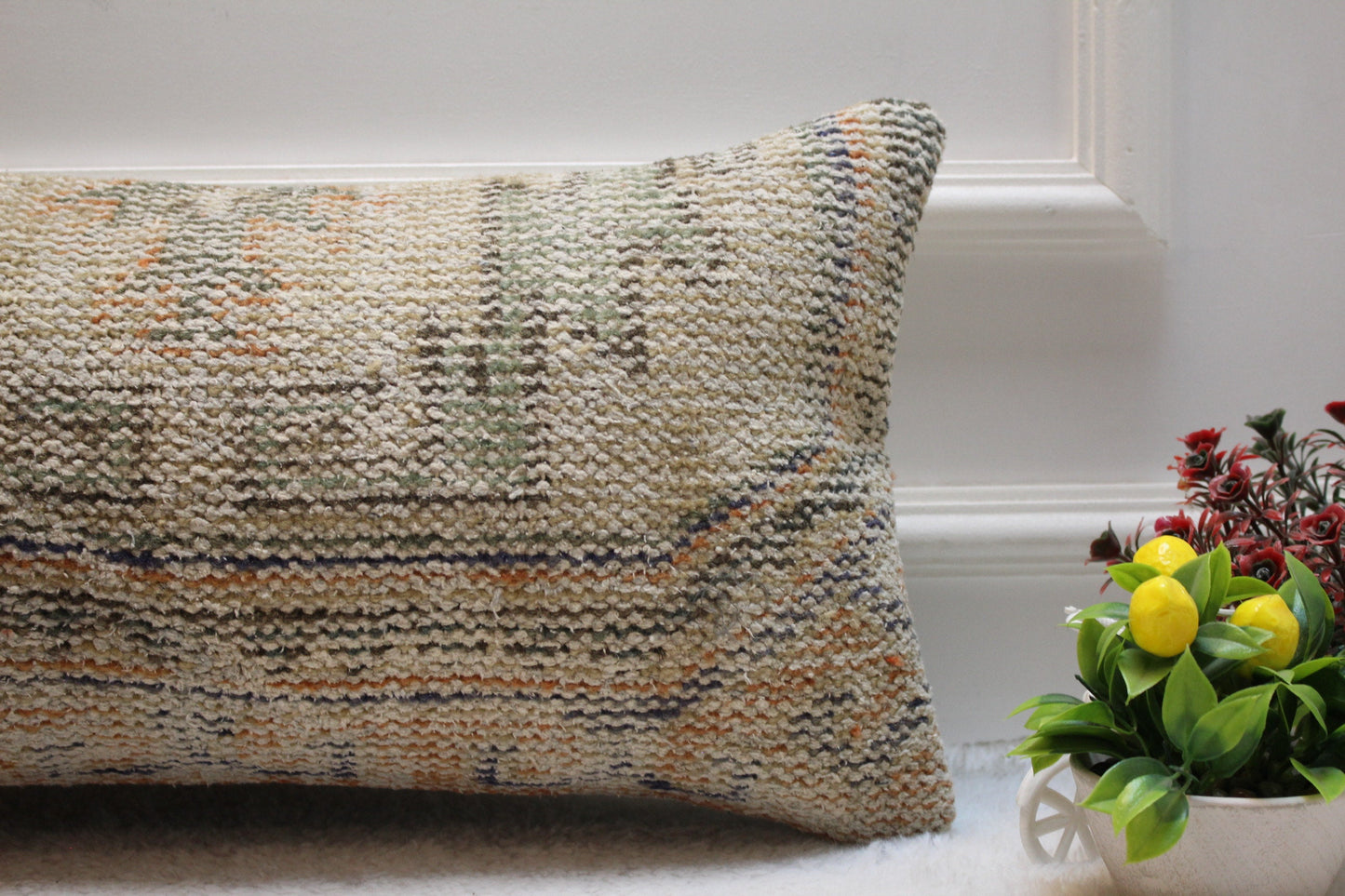Handmade Kilim Lumbar Pillow Cover: Upcycled Woven Wool, Beige 12x24