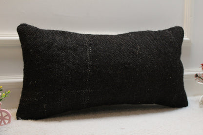 Handmade Black Wool Lumbar Pillow Cover: Woven Rug Design (12x24 in)