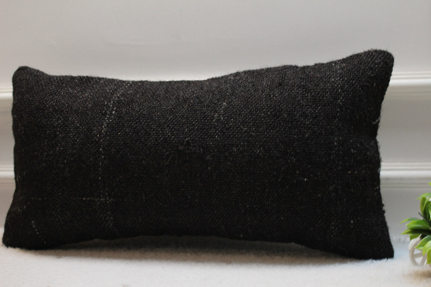 Handmade Black Wool Lumbar Pillow Cover: Woven Rug Design (12x24 in)