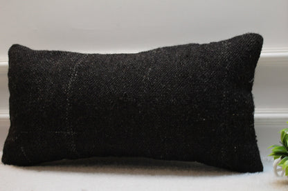 Handmade Black Wool Lumbar Pillow Cover: Woven Rug Design (12x24 in)