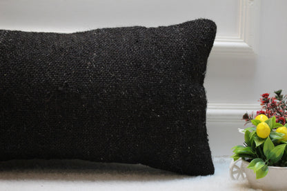 Handmade Black Wool Lumbar Pillow Cover: Woven Rug Design (12x24 in)