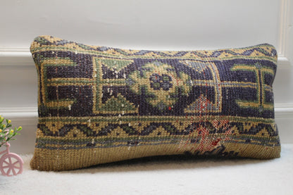 Handmade Kilim Lumbar Pillow Cover: Geometric Woven Wool, 12x24