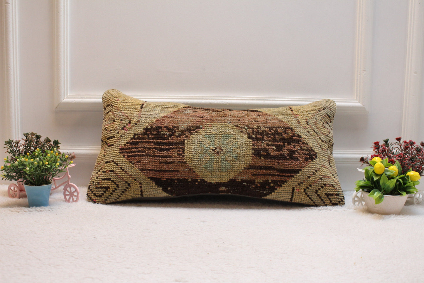 Handmade Kilim Pillow Cover: Brown Beige Woven Rug, 12x24 inc