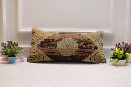 Handmade Kilim Pillow Cover: Brown Beige Woven Rug, 12x24 inc