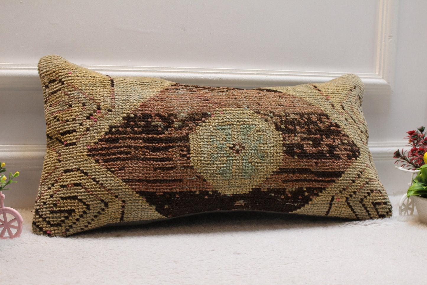 Handmade Kilim Pillow Cover: Brown Beige Woven Rug, 12x24 inc