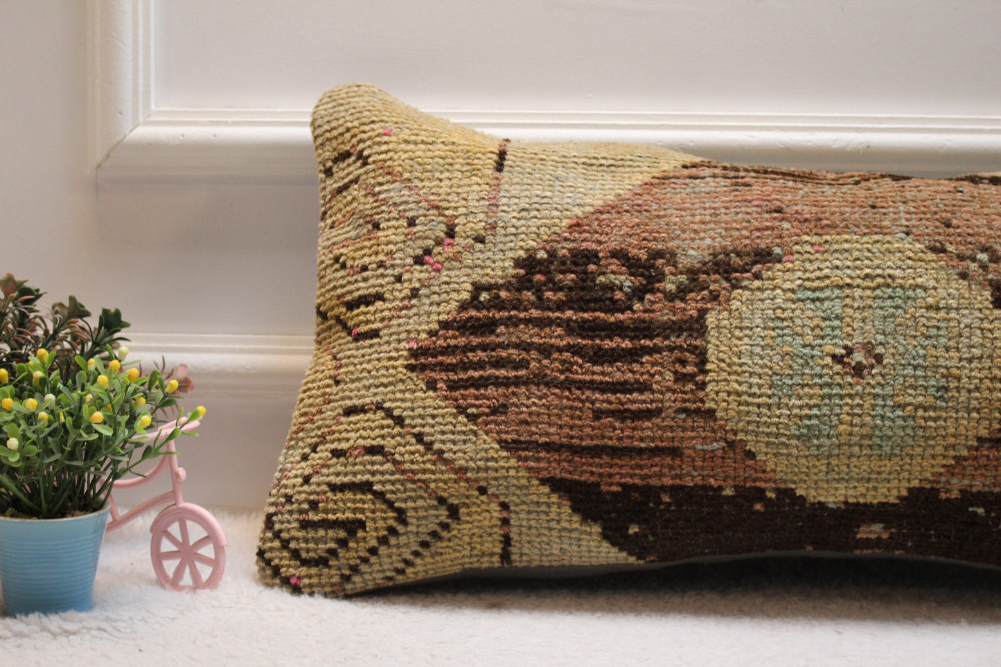 Handmade Kilim Pillow Cover: Brown Beige Woven Rug, 12x24 inc