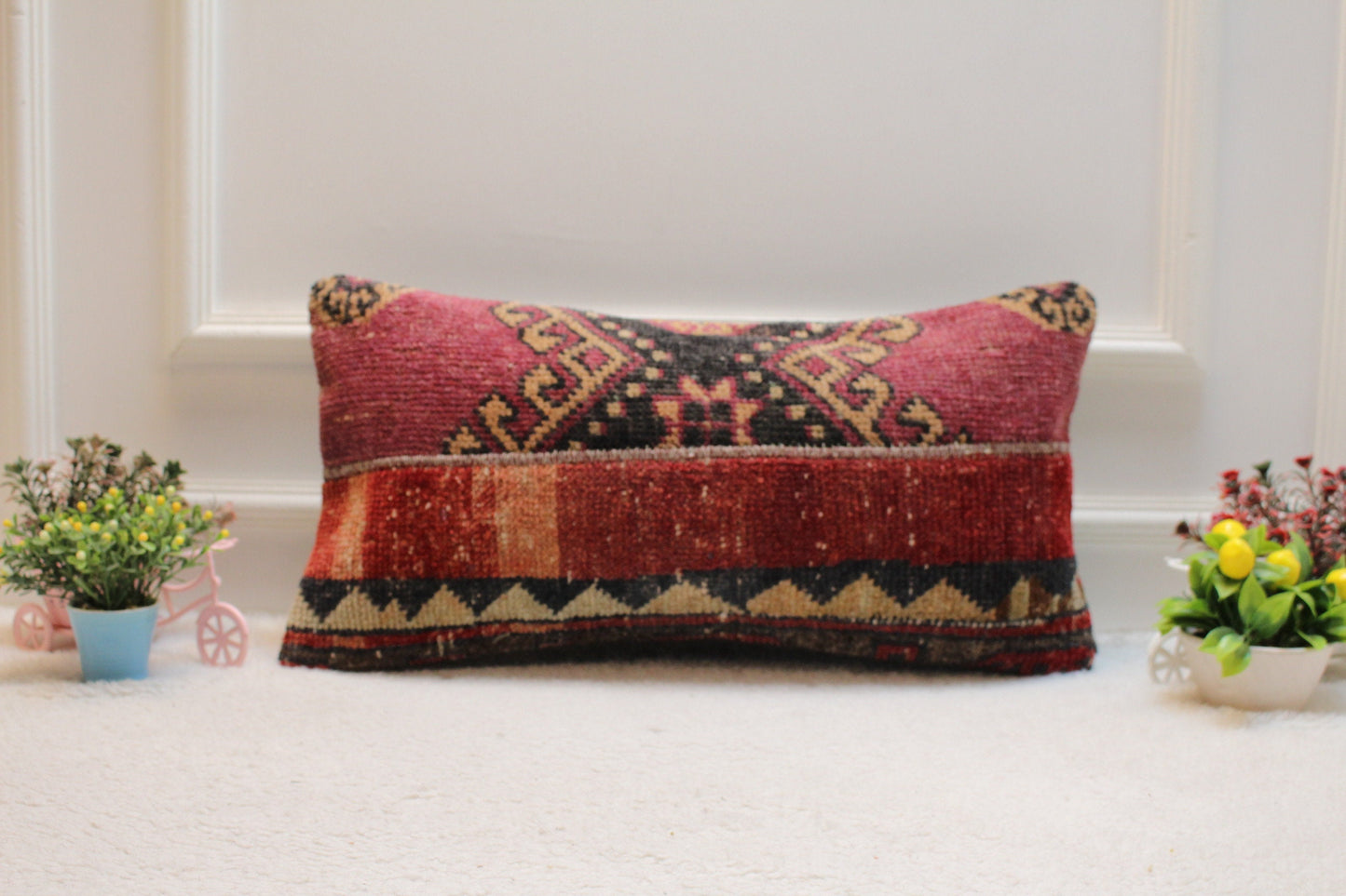 Red Kilim Lumbar Pillow Cover: Ethnic Turkish Woven Wool, 12x24 inch