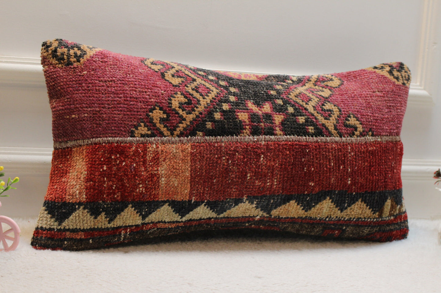Red Kilim Lumbar Pillow Cover: Ethnic Turkish Woven Wool, 12x24 inch