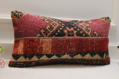 Red Kilim Lumbar Pillow Cover: Ethnic Turkish Woven Wool, 12x24 inch