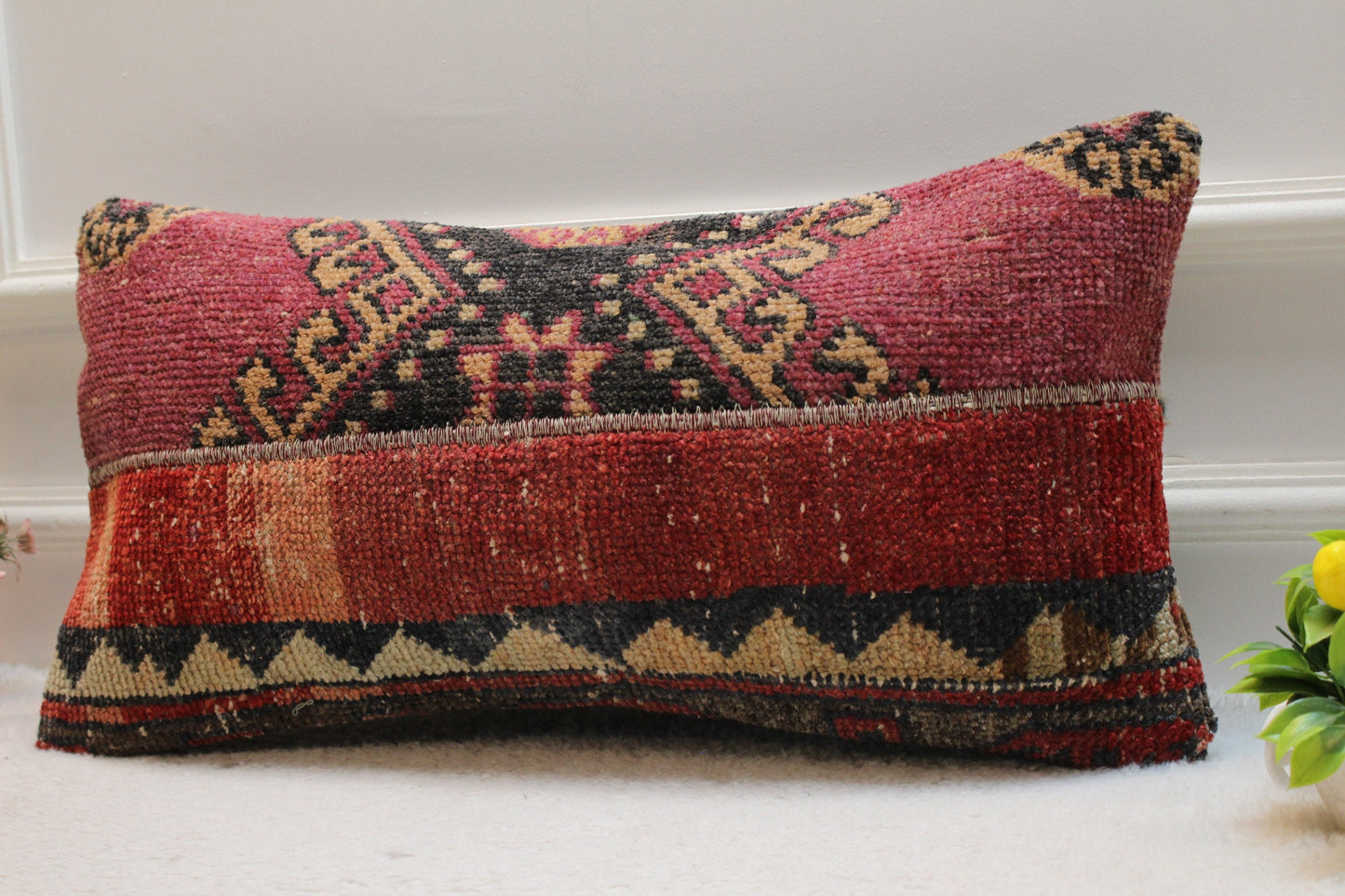 Red Kilim Lumbar Pillow Cover: Ethnic Turkish Woven Wool, 12x24 inch