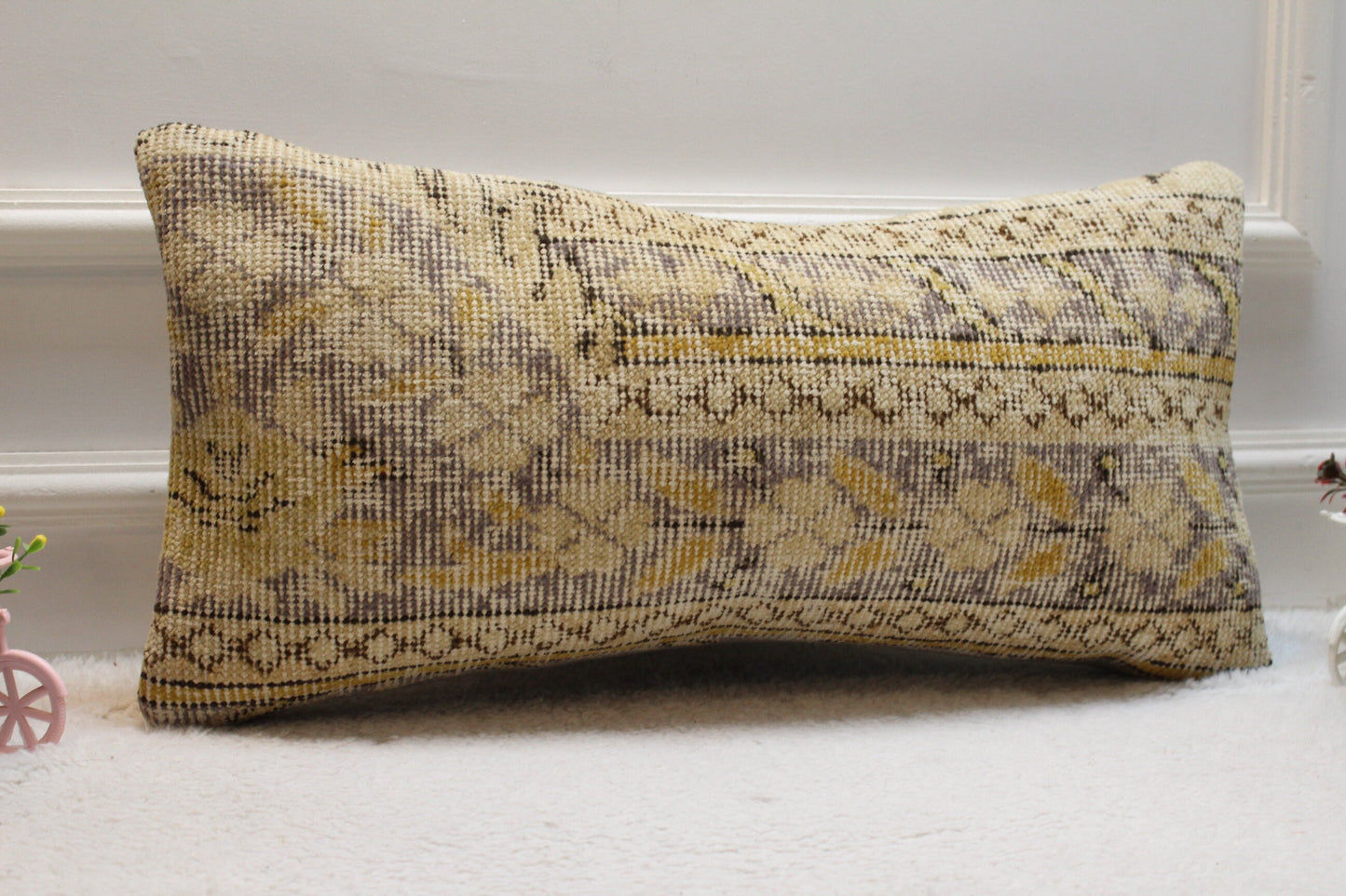 Floral Turkish Rug Pillow Cover: Handmade Wool Lumbar Pillow, 12x24