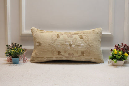 Handmade Beige Kilim Lumbar Pillow Cover: Floral Woven Rug, 12x24 inc