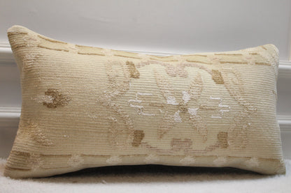 Handmade Beige Kilim Lumbar Pillow Cover: Floral Woven Rug, 12x24 inc
