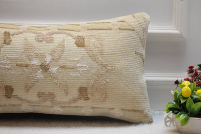 Handmade Beige Kilim Lumbar Pillow Cover: Floral Woven Rug, 12x24 inc