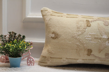 Handmade Beige Kilim Lumbar Pillow Cover: Floral Woven Rug, 12x24 inc