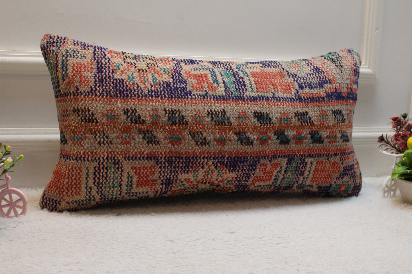 Handmade Turkish Kilim Lumbar Pillow Cover: Upcycled Wool, 12x24 inch