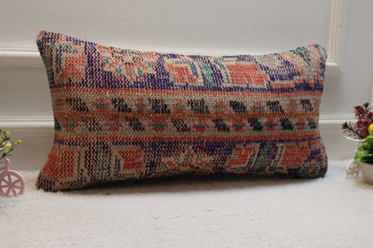 Handmade Turkish Kilim Lumbar Pillow Cover: Upcycled Wool, 12x24 inch