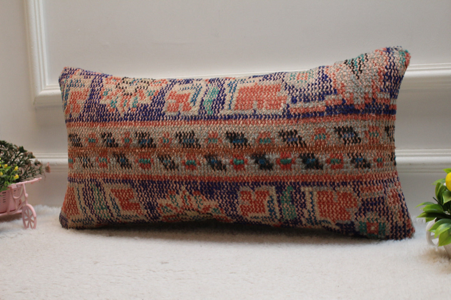 Handmade Turkish Kilim Lumbar Pillow Cover: Upcycled Wool, 12x24 inch