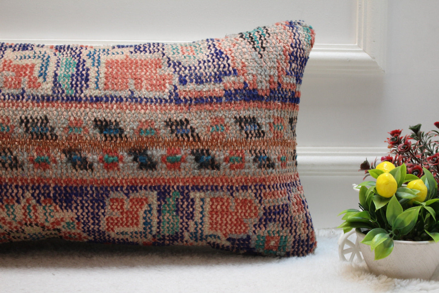 Handmade Turkish Kilim Lumbar Pillow Cover: Upcycled Wool, 12x24 inch