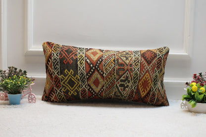 Handmade Wool Lumbar Pillow Cover: Turkish Kilim Rug, 12x24 inch
