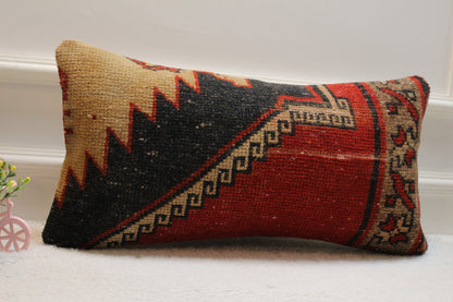 Geometric Turkish Rug Pillow Cover: Red Wool Lumbar Pillow (12x24 inc)