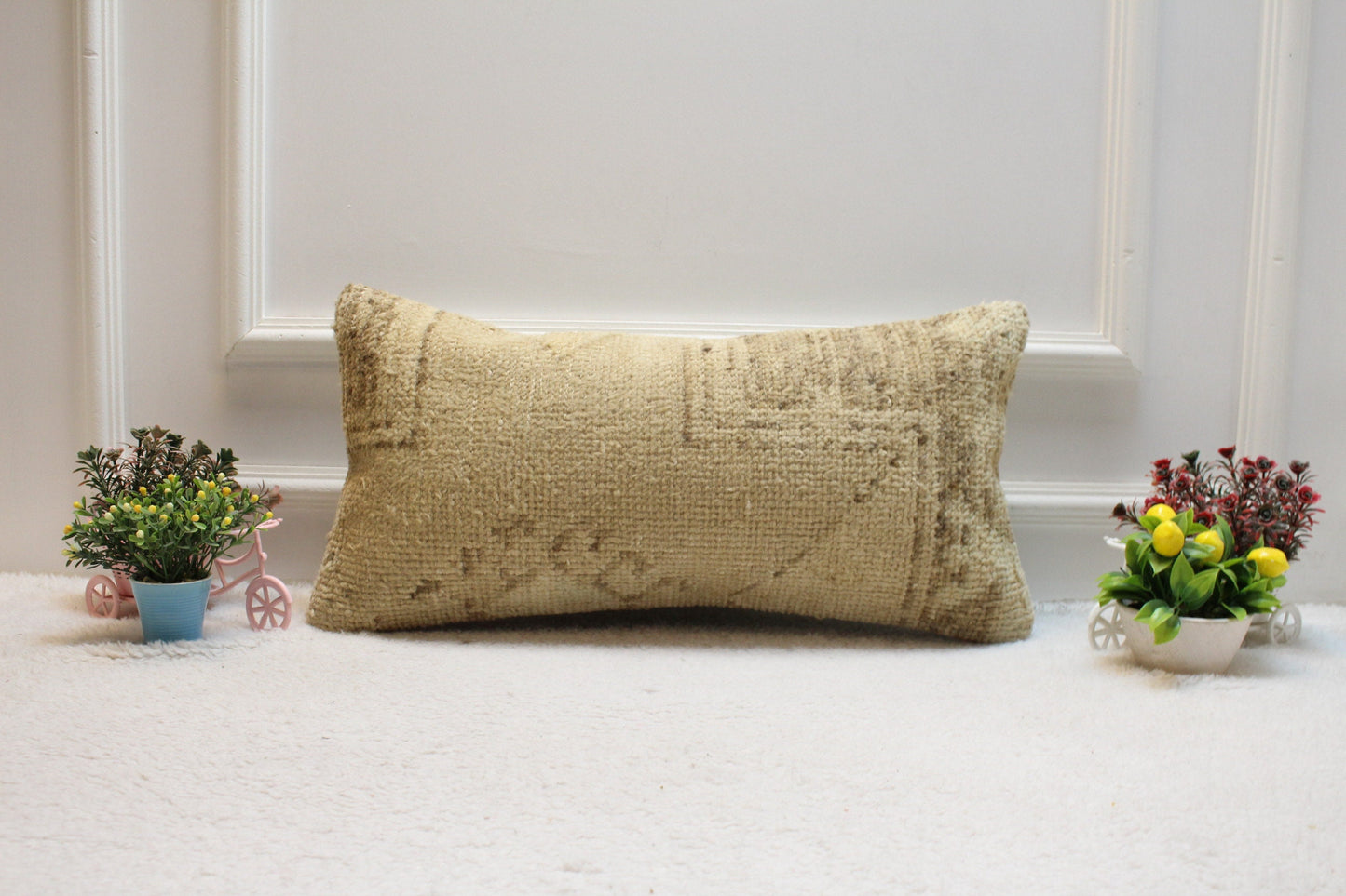 Handmade Beige Brown Rug Pillow: Upcycled Woven Lumbar Cover (12x24 in)