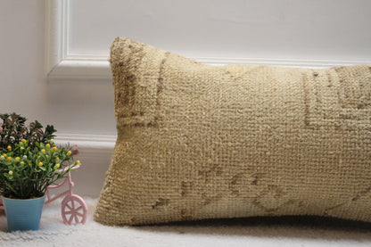 Handmade Beige Brown Rug Pillow: Upcycled Woven Lumbar Cover (12x24 in)