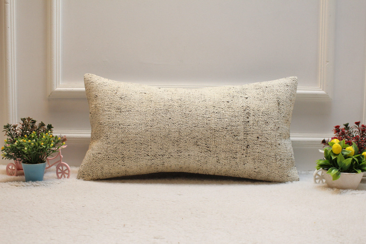 Beige Vintage Turkish Kilim Lumbar Pillow Cover: 12x24 Organic Wool
