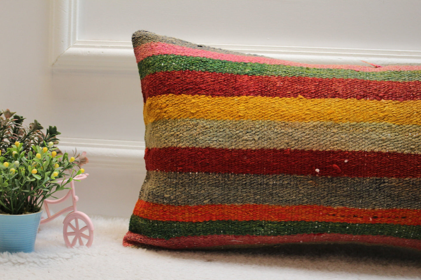 Striped Kilim Lumbar Pillow Cover: Vintage Woven Wool (12x24 in)