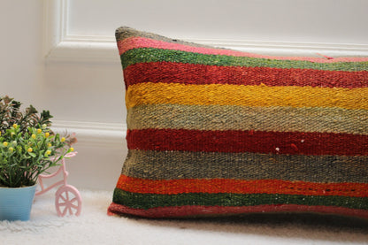 Striped Kilim Lumbar Pillow Cover: Vintage Woven Wool (12x24 in)
