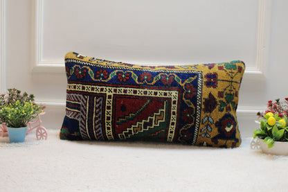 Handmade Turkish Rug Lumbar Pillow Cover: Upcycled Kilim Design (12x24 inc)