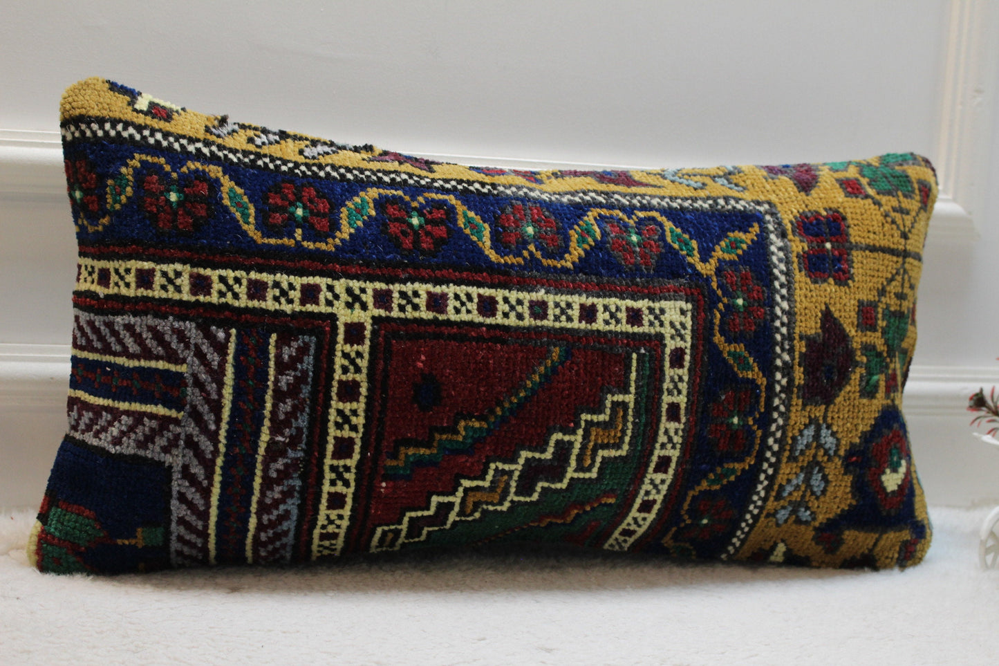 Handmade Turkish Rug Lumbar Pillow Cover: Upcycled Kilim Design (12x24 inc)