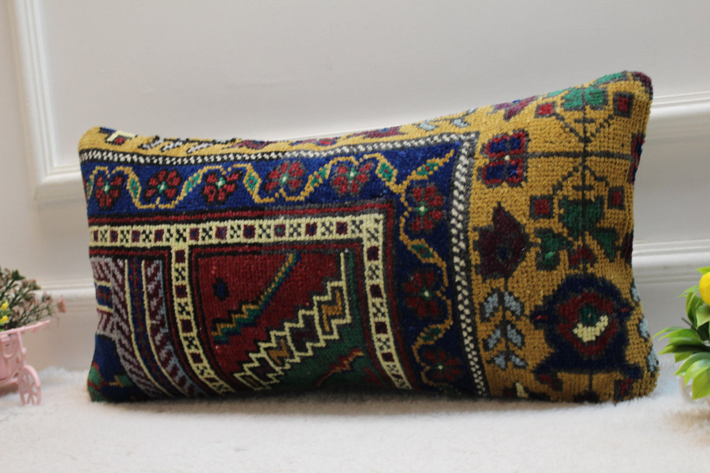 Handmade Turkish Rug Lumbar Pillow Cover: Upcycled Kilim Design (12x24 inc)