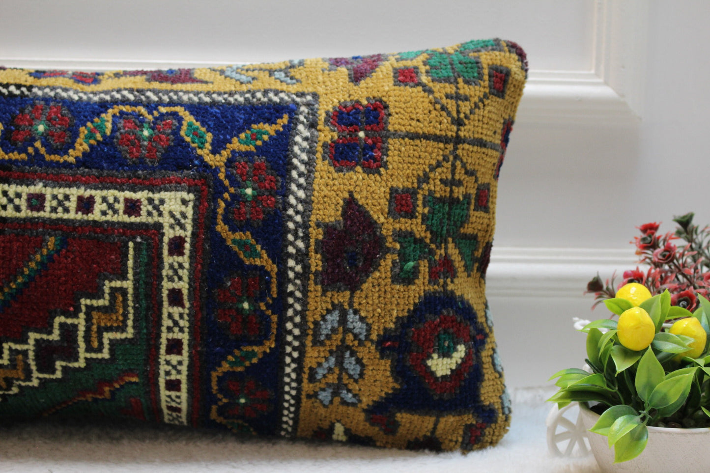 Handmade Turkish Rug Lumbar Pillow Cover: Upcycled Kilim Design (12x24 inc)
