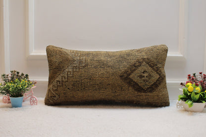 Brown Turkish Rug Lumbar Pillow Cover: Vintage Woven Design (12x24 in)